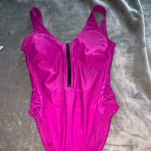 Target one piece—pink low cut back zip up chest